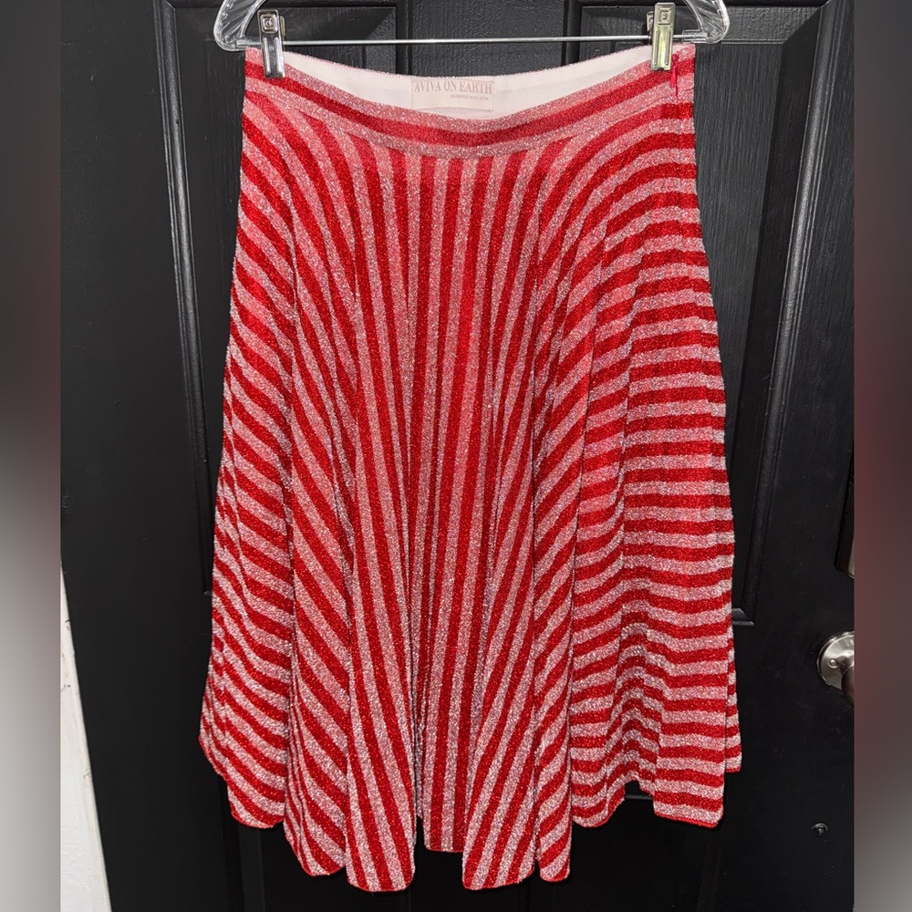 Red and silver candy cane mid-length skirt.